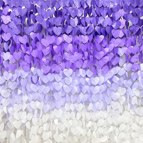 Image of 205Ft Lavender Party Decoration Ombre Purple White Heart Backdrop Streamer Tissue Paper Heart Hanging Garland for Birthday Valentines Day Bachelorette Wedding Bridal Shower Lilac Violet Party Supplies