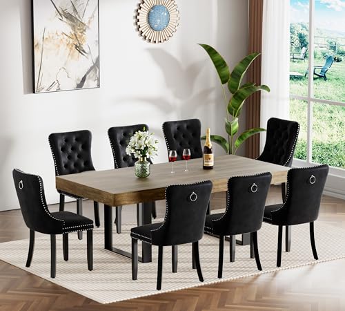 Image of Brown Dining Room Table Set for 8, 9-Piece 63 inch-78.74 inch Extendable Dining Table Set with 8 Upholstered Chairs, Rectangle Wooden Expanding Kitchen Table and Black Chairs Set