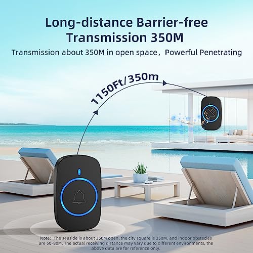 Wireless Doorbell, Mini Wireless Doorbell,IP65 Waterproof, 1050Ft Range 5 Volume Levels, 38 Chimes,LED Flashing Portable Door Bells for Home - Image 4