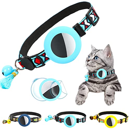 Airtag Katzenhalsband mit Glöckchen, Einstellbares Kätzchenhalsband mit Sicherheitsverschluss, Wasserdichtes Airtag-Halterungsgehäuse, kompatibel mit Apple Airtag (Blau) Cover