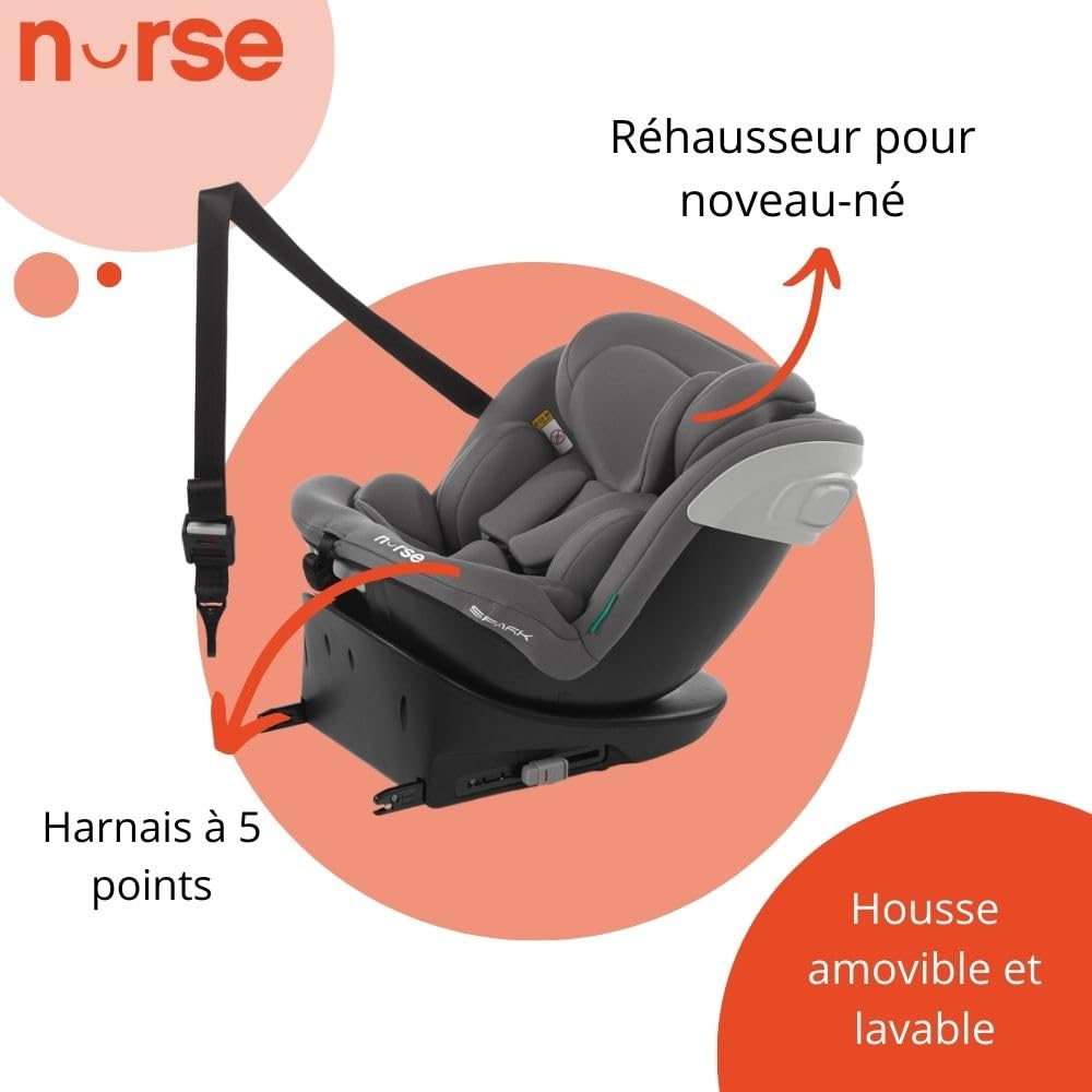 Nurse Spark Siège Auto Bébé iSize, 40 à 150 cm, 0 à 12 Ans, Isofix, Top Tether, Pivotant 360, Position de Charge, 13 Positions, Gris
