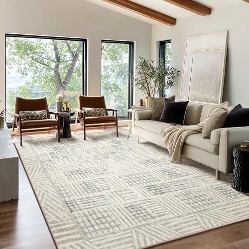 Image of Area Rug 8x10 Abstract Geometric Textured Brushstroke - Neutral Gray & Light Blue Modern Minimalist Area Rug, Decorative Carpet for Living Room Bedroom Home Decor