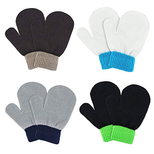 MENOLY 4 Pairs Toddler Magic Stretch Mittens Winter Warm Kids Knit Gloves for Little Girls Boys 4 colors