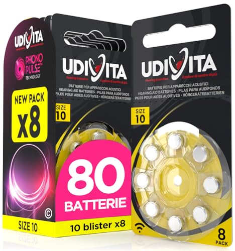 80 Batterie Udivita Misura 10 per Apparecchi Acustici Auricolari PR70 (Gialle - Zinco Aria) con Phono Pulse Technology per Amplificatore Acustico - 10 Blister da 8 Pile