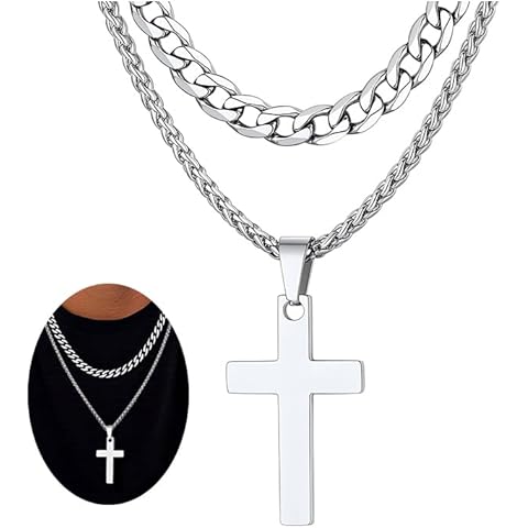 FaithHeart Cross Necklace for Men, Silver/Black/Gold Crucifix Necklace Stainless Steel Pendant with Cuban Chain Jesus Cross Necklaces Religious Gifts for Men