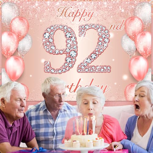 Image of Happy 92nd Birthday Rose Gold Banner Cheers to 92 Years Old Backdrop Confetti Balloons Theme Decor for Women 92 Years Old Pink Birthday Party Decorations Bday Supplies Background Favors Gift Glitter