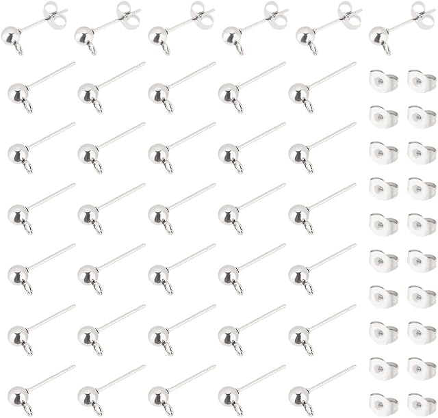 UNICRAFTALE 75 Pairs Ball Post Stud Earring Kit 304 Stainless Steel Ball Post Ear Stud Findings with Loop and Ear Nuts 0.8mm Pin Stud Earrings for DIY Earring Making 7.4x7.2x1.7cm, Hole 2mm