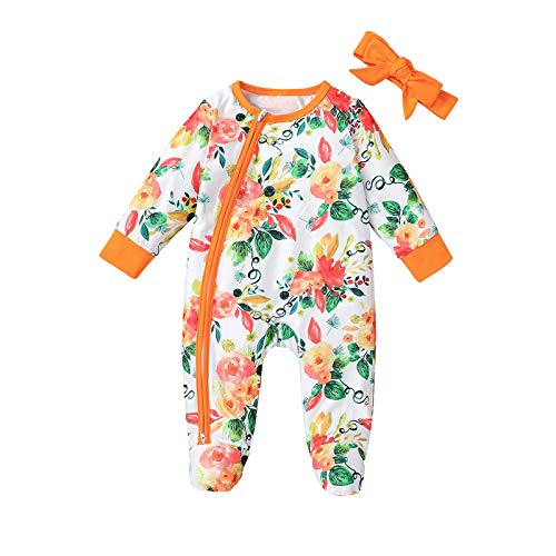 Gallity Toddler Baby Girl Winter Clothes Set, Zip Floral Romper Footie Jumpsuit+Headband Outfits Set Infant Flower Print Zipper Bodysuit Coverall Set Winter Warm Pajamas Set