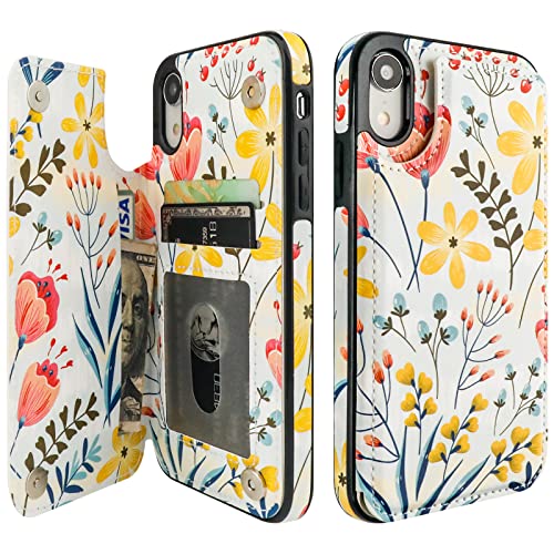 HAOPINSH for iPhone XR Case Wallet with Card Holder Floral Flower Pattern Back Flip Folio PU Leather Kickstand Card Slots Case for Women Girls Double Magnetic Clasp Shockproof Cover 6.1