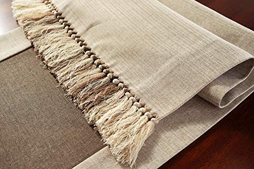 15 X 72 Inch Farmhouse Style Linen Table Runner With Handmade Tassel, Rustic Wide Patchwork Table Runners 72 Inches Long For Dining Room, Dresser Decor - Brown #TOP5