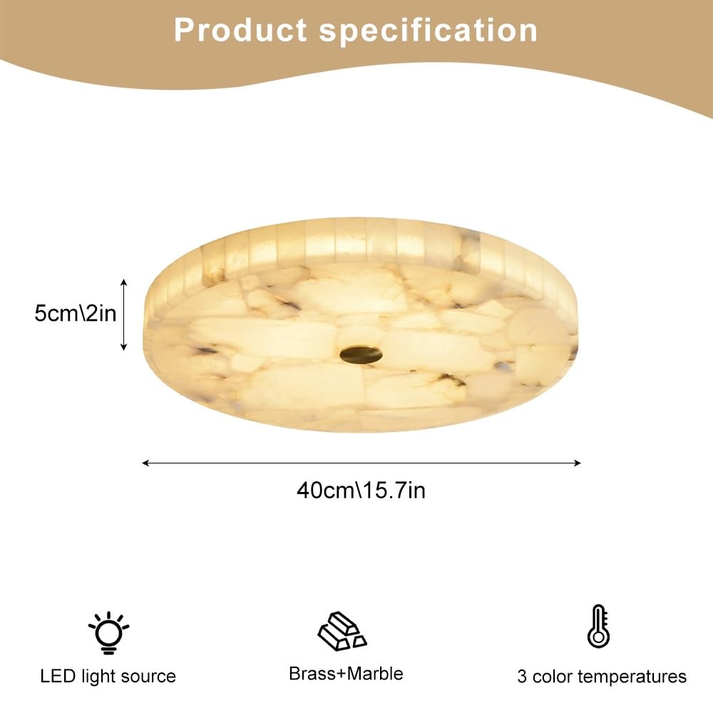 Jadssox 40cm alabastrowa lampa sufitowa z naturalnego marmuru żyrandol LED okrągła lampa sufitowa, 18W 3CCT oprawa oświetleniowa sufitowa mosiężne żyrandole do sypialni kuchnia jadalnia biuro