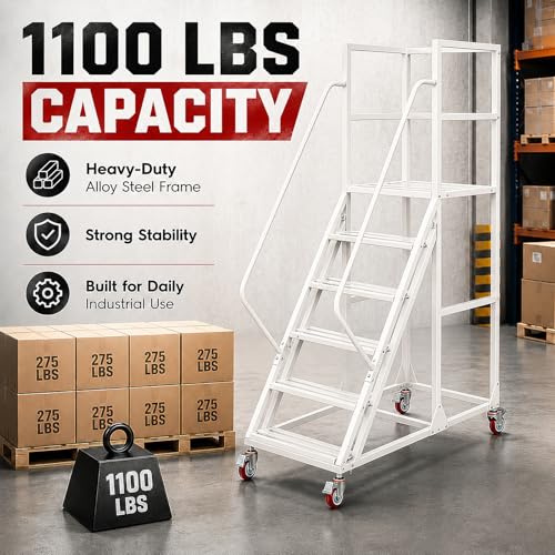 Image of 5 Step Rolling Ladder with Handrails, 1100 lbs Capacity Heavy Duty Mobile Warehouse Ladder with Wheels, Industrial Steel Non-Slip Rolling Stairs with Large Platform, for Garage Stockroom Library