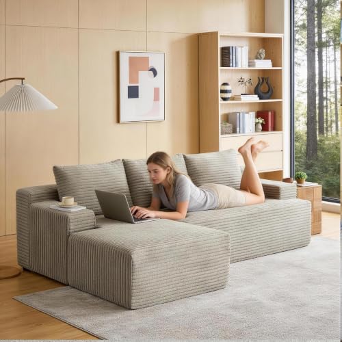 Image of Boneless Couch, Modular Sectional Couches for Living Room, U-Shaped Cloud Couch Sofa with Deep Seat, Fluffy Corduroy Upholstered Corner Sofa