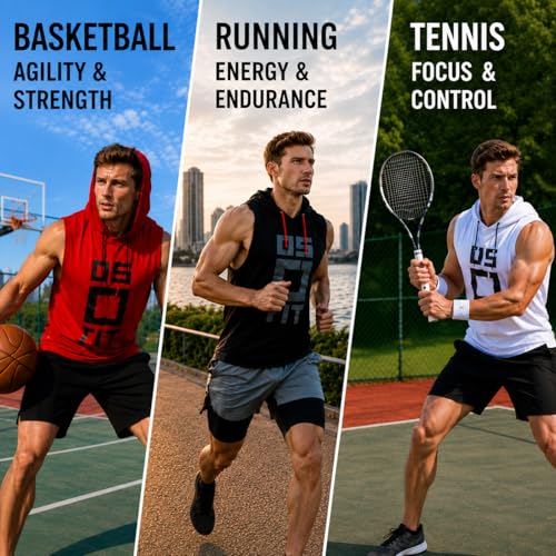 XWC Men’s 5 Pack Quick Dry Sleeveless Hooded Tank Tops, Loose Fit Athletic Vest, Printed Moisture Wicking for Workout (US, Alpha, X-Large, Regular, Regular, 3 Pack【Loose Fit】) — view 3
