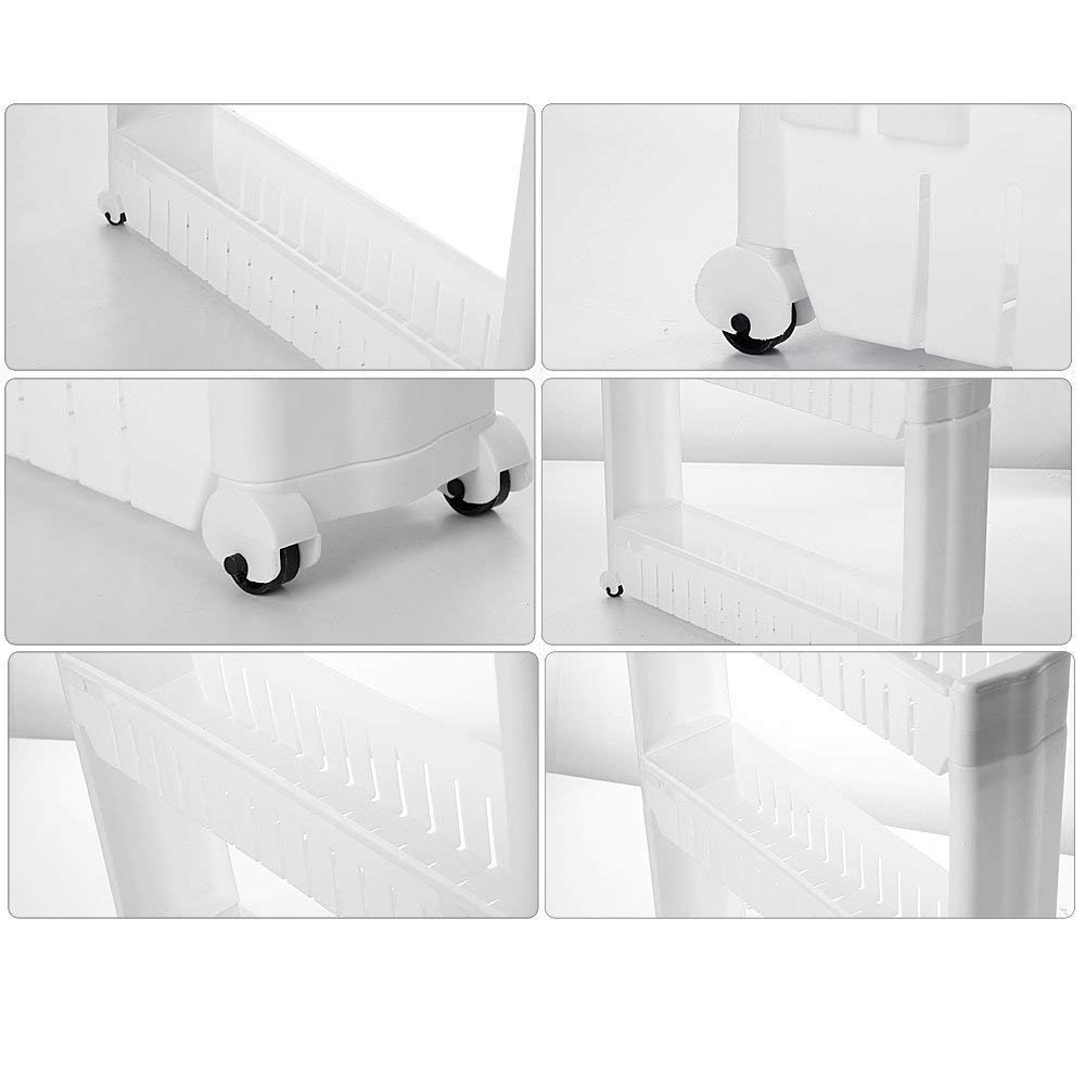 Ebee 3 Layer Storage Organizer Slim Plastic Rack Shelf with Wheels - White, Plastic Shelves - Image 8 thumbnail