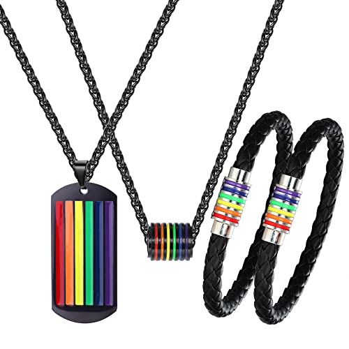 JeweBella 4 Pièces Collier Bracelet LGBT Gay Pride Accessoire Collier Acier Inoxydable Arc en Ciel Bracelets Arc-en-Ciel Gay Pride en Cuir Noir Lesbien Gay Pride Bijoux Cadeaux pour Homme Femme