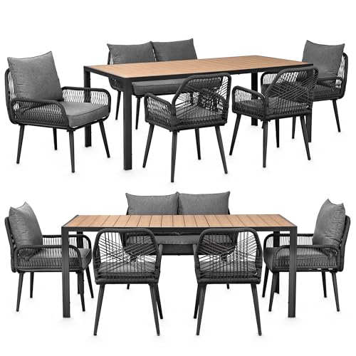 Swing&Harmonie® Gartenmöbel Lounge-Set „Sienna“ – Sitzgruppe mit Tisch, Sofa, Sesseln & Stühlen – wetterfest – Seilgeflecht – WPC-Tischplatte – Outdoor Essgruppe (anthrazit/grau, 6 Personen XL)