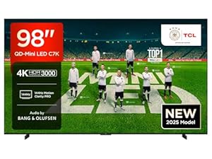 TCL 98C7K 98 Zoll QD-Mini LED Fernseher, 4K HDR Premium 3000, Smart Google TV mit 144Hz Motion Clarity Pro (Dolby Vision IQ & Atmos, CrystGlow HVA Panel, Audio von Bang & Olufsen, Game Master)
