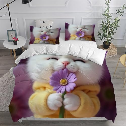 Housse de couette imprimé 3D chat et fleurs grand lit king size