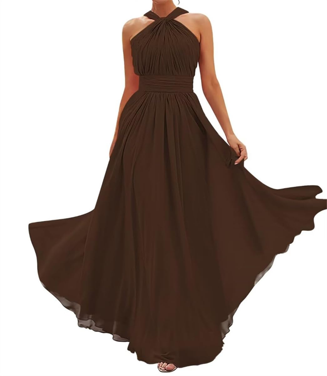 WSEYU Women's Bridesmaid Dresses with Halter Ruched Chiffon A-Line Wedding Guest Evening Dress Brown UK16