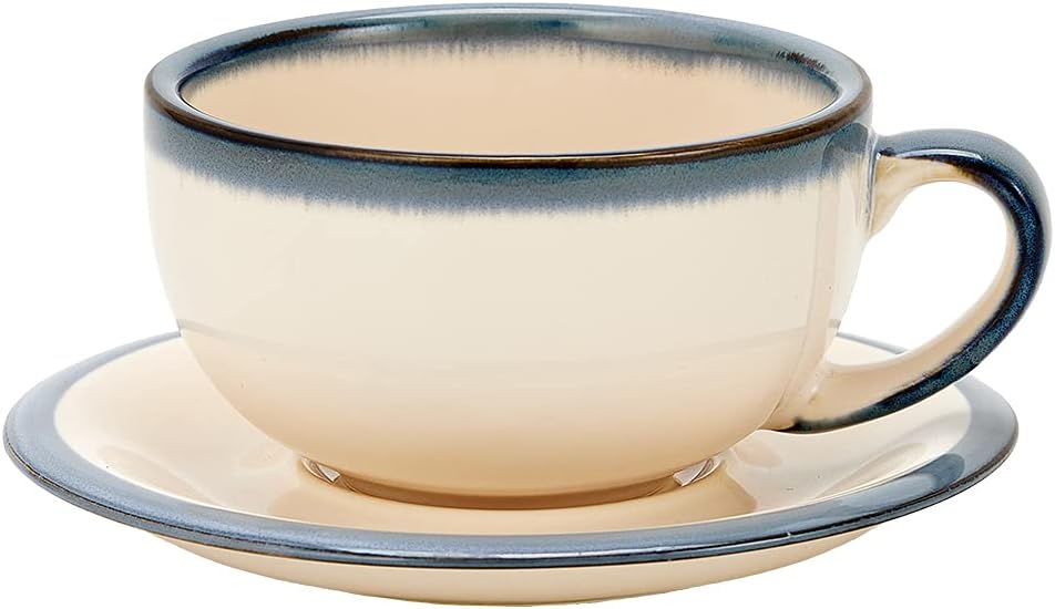 Coffeezone Vintage Design 12 oz Ceramic Latte Art Cappuccino Barista Cup with Saucer (Beige)
