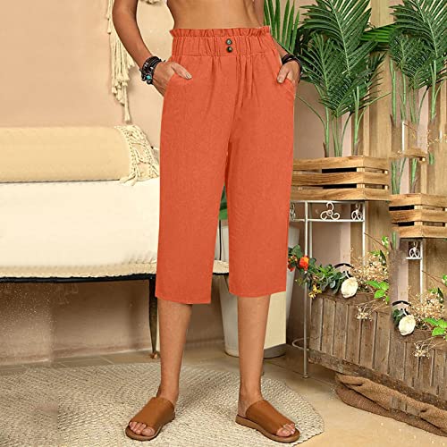 Dgztwll Pajama Pants For Women Capris Pants For Women Casual Summer Cotton Linen 3/4 Pants Wide Leg Capris Lightweight Baggy Cropped Lounge Trousers(Z2-Orange,X-Large) #TOP1
