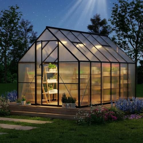 CABIHOME 8x12 ft Outdoor Greenhouse Kit, Heavy Duty Polycarbonate Greenhouse with Reinforced Aluminum Frame, Adjustable Roof Vent, Lockable Door & Quick-Connect System for All Seasons