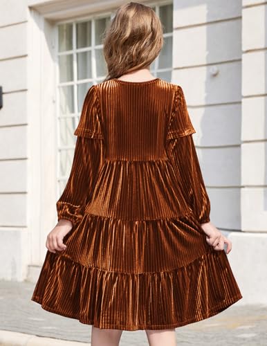Arshiner Girls Velvet Tiered Dress Long Sleeve Crew Neck Elegant Tween Twirly Dresses for 6-13 Years3