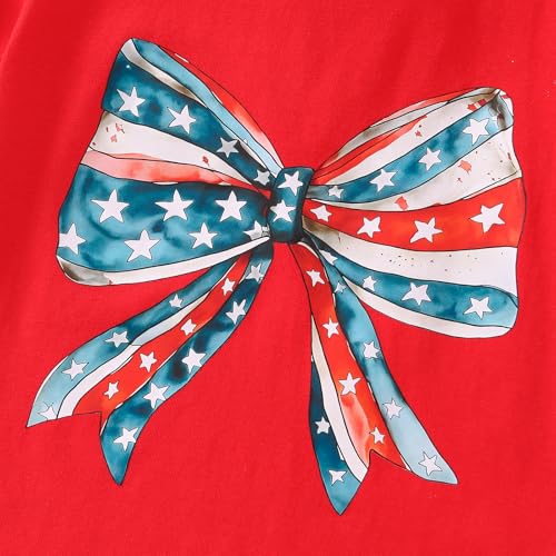 Image of Toddler Girl 4th of July Outfit Big Bow Print T-Shirt Top American Flag Clothes 2-7Y