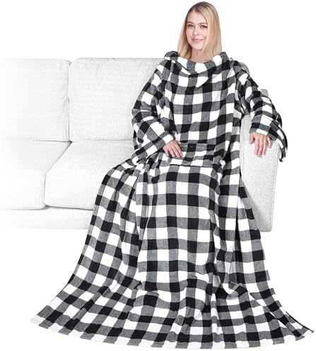 PAVILIA Fleece Wearable Blanket with Sleeves for Adult Women Men, Soft Warm Wrap Throw, Robe Blanket with Arm