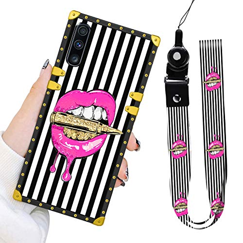 Bonoma Samsung Galaxy A70 Case, Pink Lips Lanyard Strap Luxury Elegant Soft TPU Shockproof Protective Metal Decoration Corner Back Cover Case for Galaxy A70