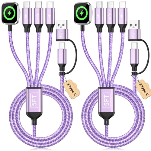 Image of 4in2 Multi Charging Cable for iWatch Charger /iPhone Charger /CarPlay Cable, Beach Travel Vacation Essentials, (2Pack 5FT) 3 X USB C /iWatch Charger Cords for iWatch 11-1 /iPhone 17-15, Android Car