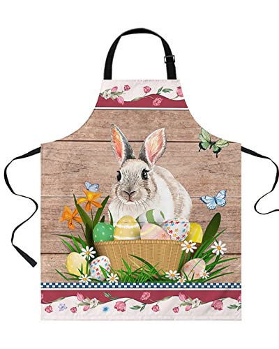 Ftopucans Easter Bunny Aprons For Women Men With Pockets, Farm Tulip Easter Basket Eggs Spring Holiday Adjustable Waterproof Kitchen Chefs Apron For Grilling Cooking Bbq Painting #TOP3