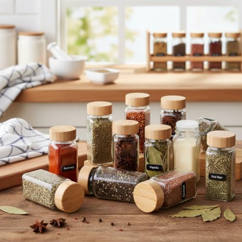 Image of ginoya brothers 120ml Premium Square Glass Spice Jar with Natural Wooden Lid Airtight Dual-Function Sift & Pour Lid For Masala, Herb & Seasoning Storage Container (24)
