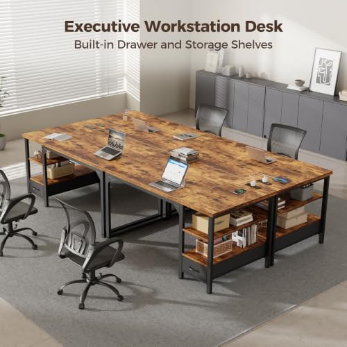 Image of Mericonia 48 inch Computer Desk with Drawer, 1.2 inch Thick Reversible Office Desk | Modern Writing Table with Power Outlets & Storage Shelves, Heavy Duty Industrial Study Desk for Home Bedroom Work