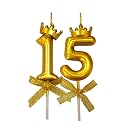 FI - FLICK IN 2 Pc 15 Number Candle for Birthday Cake Metallic Gold Number Candle with Crown on Top for Anniversary Cake Topper 15th Birthday Cake Decoration (Pack of 2, Gold). gallery image
