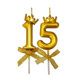 FI - FLICK IN 2 Pc 15 Number Candle for Birthday Cake Metallic Gold Number Candle with Crown on Top for Anniversary Cake Topper 15th Birthday Cake Decoration (Pack of 2, Gold).