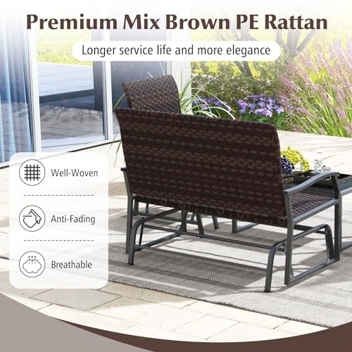 Image of Tangkula 4 Pieces Patio Gliding Set, All Weather Resistant Wicker Swing Glider Set w /Tempered Glass Coffee Table, Rattan Seat w /Quick Dry Foam, Rocking Chair Set for Backyard, Poolside, Front Porch
