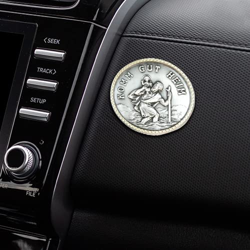 MaMeMi CHRISTOPHORUS AUTOPLAKETTE Ø 3 cm – Mit Magnet & Aufschrift Komm gut Heim – AUTOMEDAILLE für Auto oder Wohnmobil – Schutzpatron der Reisenden – Geschenk für Autofahrer