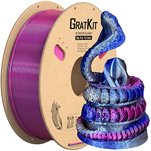 GratKit Soie Tricolore PLA Filament 1.75mm, FDM Filament Imprimante 3D, PrÃ©cision Dimensionnelle +/- 0.03mm, 1KG Bobine (2.2 LBS), Silk Deux couleurs PLA Rose Rouge Bleu et Argent Gris