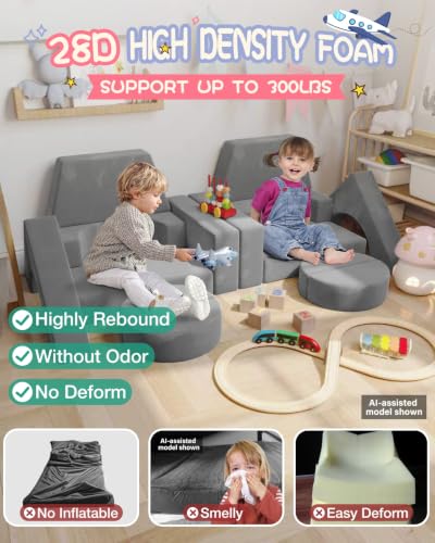 Image of YEFU 15pcs Modular Kids Play Couch,1000+ Imagination Creative Play | for kids ages 1+,7 shapes,countless configurations,30D high-density foam,fort building,washable cover, playroom,birthday gift