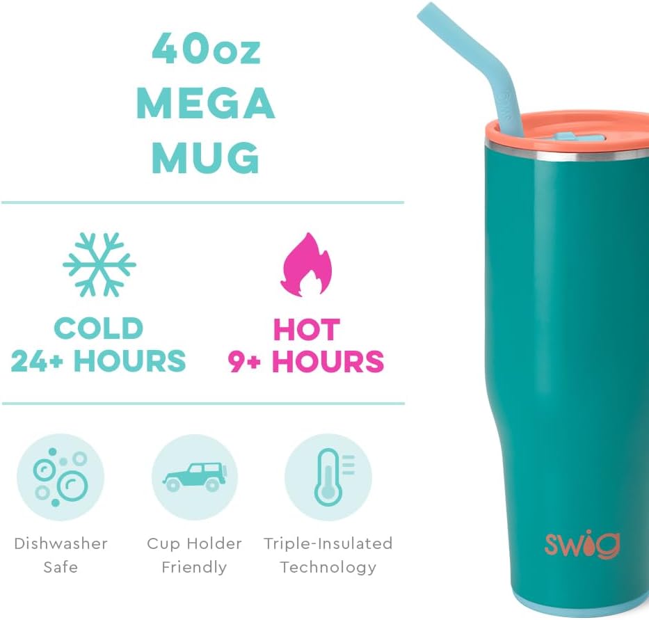Swig Life 40oz Mega Mug, 40 oz Tumbler with Handle and Straw, Cup Holder Friendly, Dishwasher Safe, Extra Large Insulated Tumbler, Stainless Steel (Peak Season)