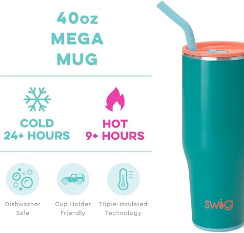 Miniatura 2 de Swig Life Taza Mega de 40 onzas  Impresiones discontinuas  Vaso aislado extragrande con asa y pajilla, apto para portavasos y lavavajillas, tazas de