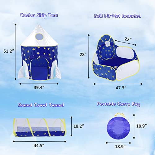 LOJETON 3 Piece Rocket Ship Kids Play Tent, Tunnel & Ball Pit with Basketball Hoop for Boys, Girls and Toddlers - Indoor/Outdoor Use Pop Up Rocket Tent