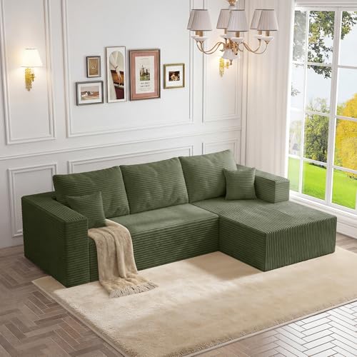 Image of 108 inch Modular Sectional Sofa, L-Shape Cloud Couch with Deep Seats & Chaise, 4-in-1 Covertible Corduroy Boneless Couches for Living Room, Bedroom, No Need Assembly - Green(Right Facing Chaise)