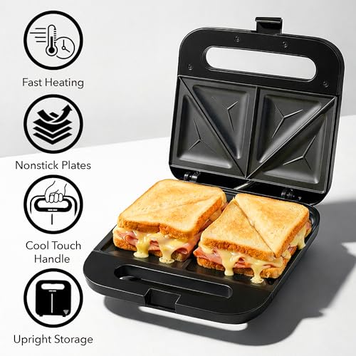 OVENTE Electric Sandwich Maker with Non-Stick Plates, Indicator Lights, Cool Touch Handle, Easy to Clean and Store, Perfect for Cooking Breakfast, Grilled Cheese, Tuna Melts and Snacks, Black GPS401B