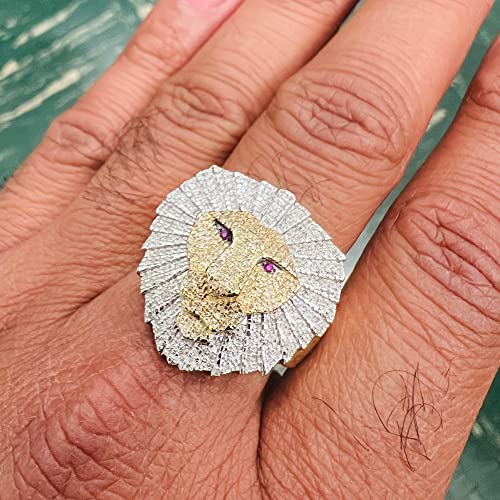 Tgdj 10K Yellow Gold Round Cut Diamond Red Eye Lion Face Mens Ring | Real Gold White Diamond Men’s Finger Rings 0.61 Ct (9.49 Gram) | Custom Jewelry Gift For Him #TOP4