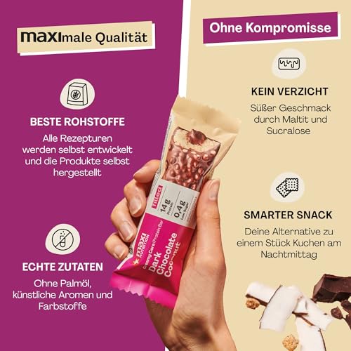 MaxiNutrition Creamy Core Bar Dark Chocolate Coconut, 12x45g Filled-Protein-Riegel, 32% Eiweißgehalt 14g je Riegel, low Sugar (1g), ohne Zuckerzusatz, ohne künstliche Aromen