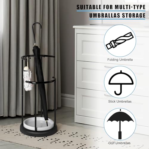 ETELI Metal Umbrella Stand Rack Indoor Umbrella Holder Stand for Entryway Decorative Umbrella Storage Organizer with Removable Drip Tray for Canes Stand Walking Sticks Home Office, Black - Thumbnail 4
