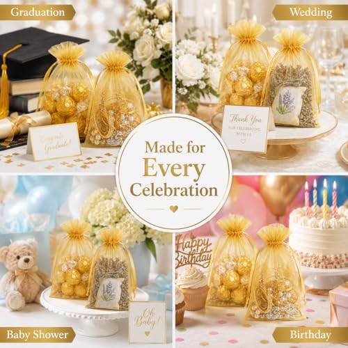 Image of Hopttreely Gold Organza Gift Bags 6x9 Inch, 50PC High-Density Drawstring Mesh Favor Packaging for Jewelry Candy Sachet Goodie, Mini Mesh Favor Bags for Graduation Wedding Baby Shower Birthday Party Gifts